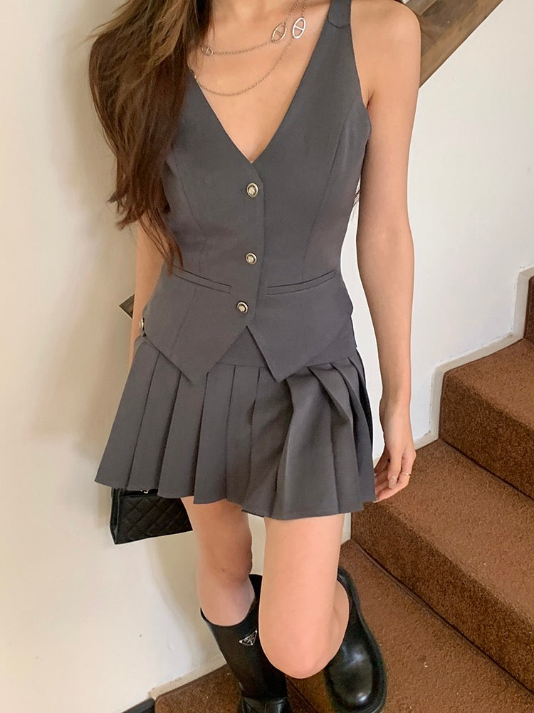 Vintage Preppy Style Vest + Pleated Skirt Set
