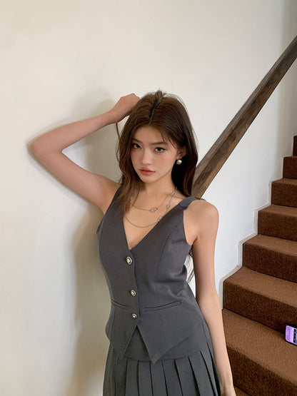 Vintage Preppy Style Vest + Pleated Skirt Set