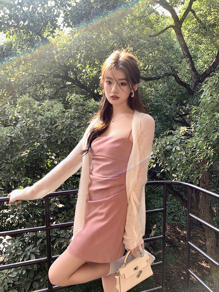 褶皺收腰吊帶裙