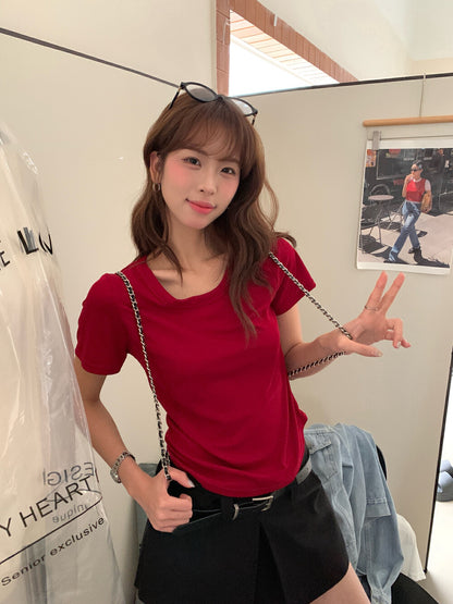 Solid Color U-Neck Stretch Short Sleeve