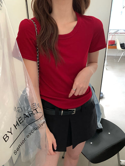 Solid Color U-Neck Stretch Short Sleeve