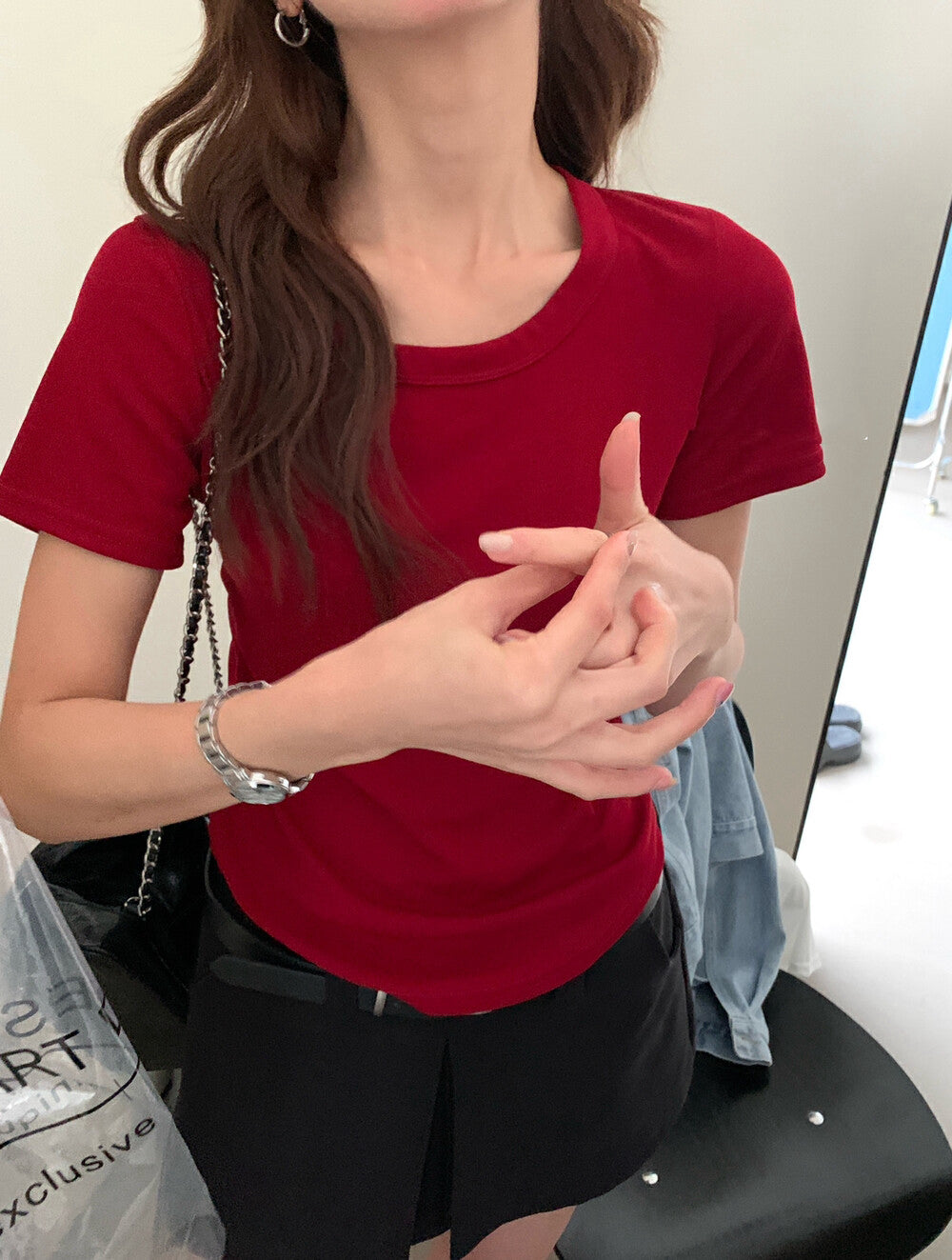 Solid Color U-Neck Stretch Short Sleeve