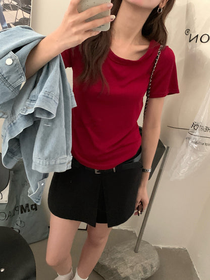 Solid Color U-Neck Stretch Short Sleeve