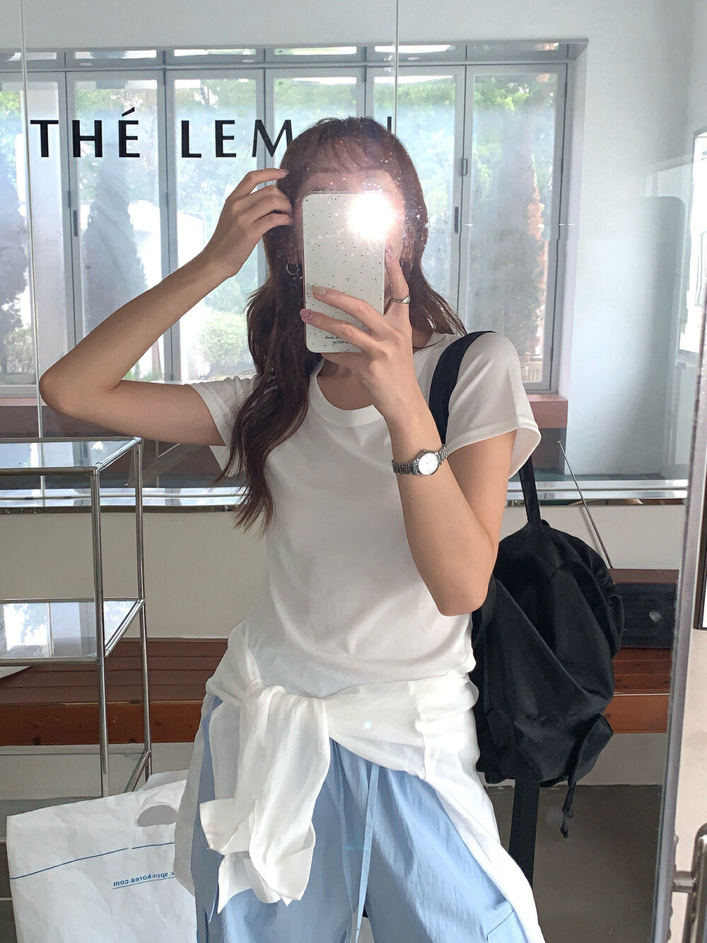 Solid Color U-Neck Stretch Short Sleeve