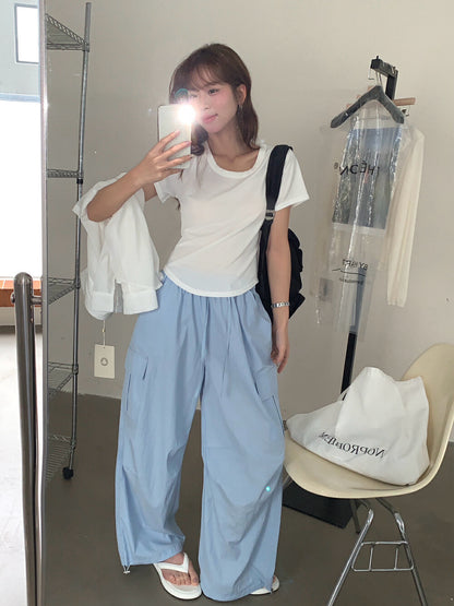 Solid Color U-Neck Stretch Short Sleeve