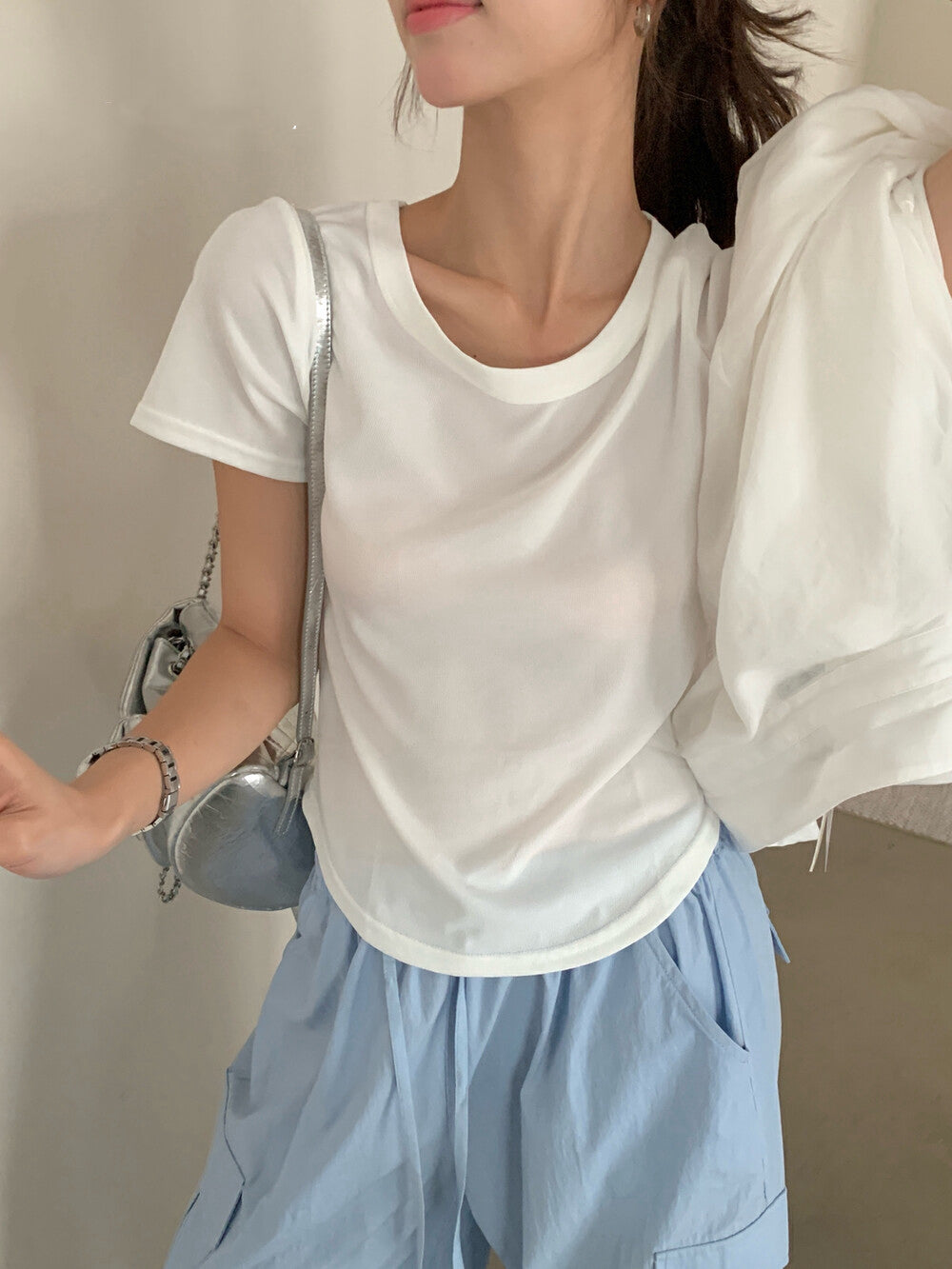 Solid Color U-Neck Stretch Short Sleeve