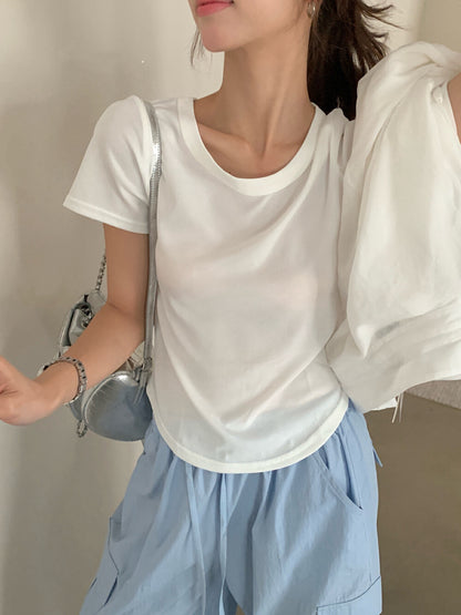 Solid Color U-Neck Stretch Short Sleeve