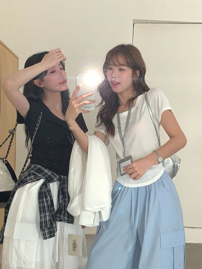 Solid Color U-Neck Stretch Short Sleeve