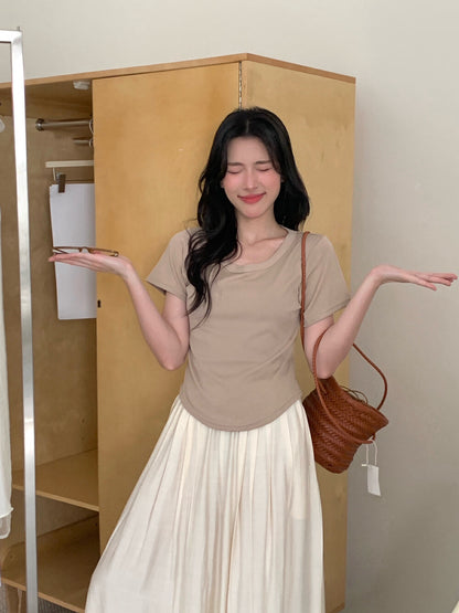 Solid Color U-Neck Stretch Short Sleeve