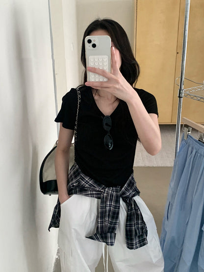 Solid Color U-Neck Stretch Short Sleeve