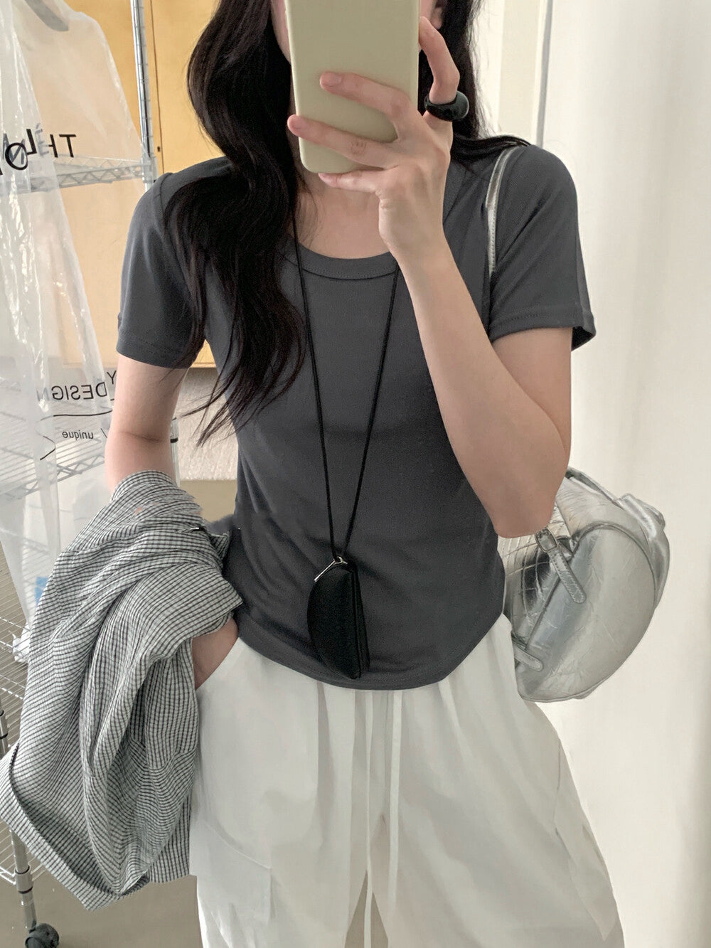 Solid Color U-Neck Stretch Short Sleeve