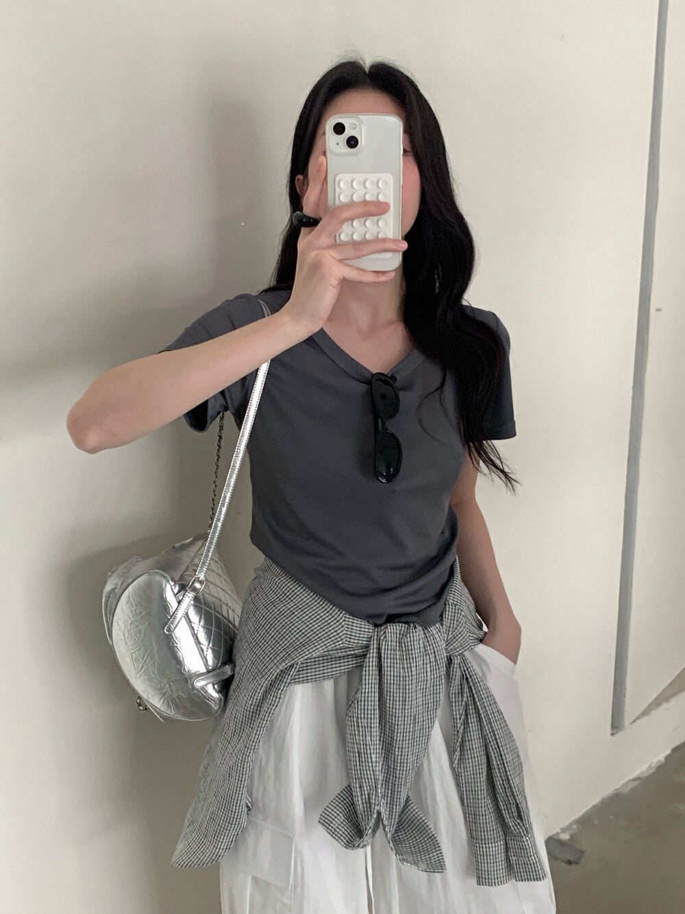 Solid Color U-Neck Stretch Short Sleeve