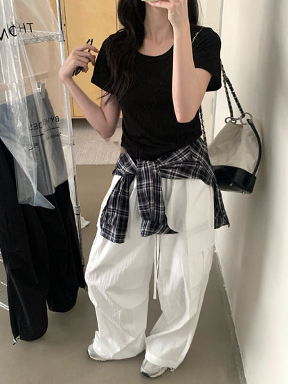 Solid Color U-Neck Stretch Short Sleeve