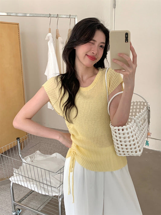 フライスリーブサイドドローストリングニットトップス