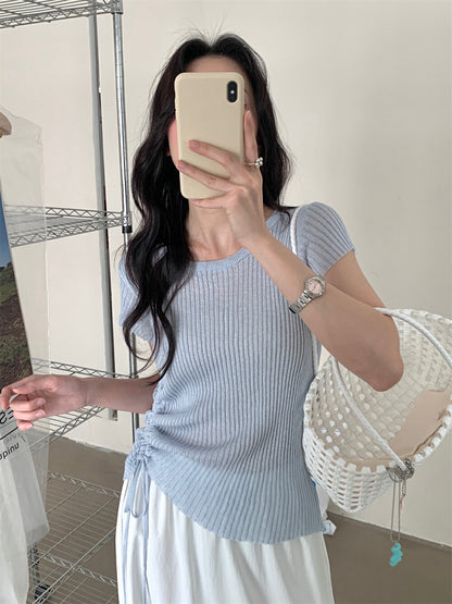 Flutter Sleeve Side Drawstring Knit Top