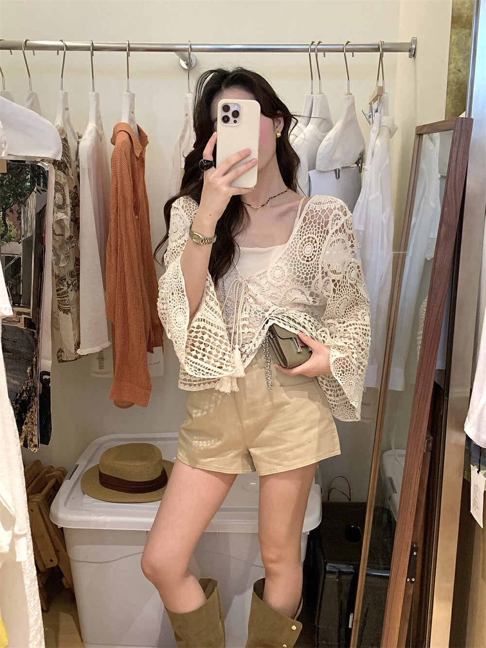 レース編みのベルスリーブサンプロテクションシャツ