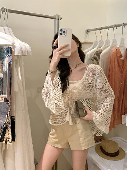 レース編みのベルスリーブサンプロテクションシャツ