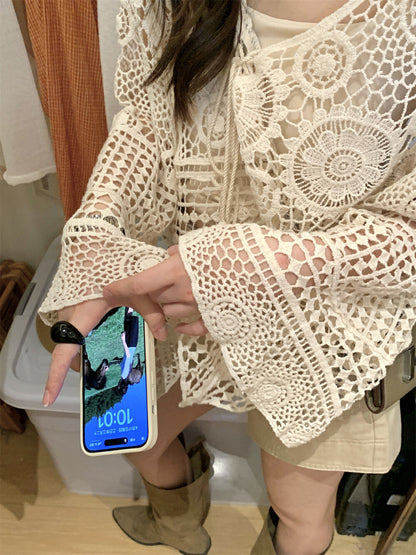 レース編みのベルスリーブサンプロテクションシャツ