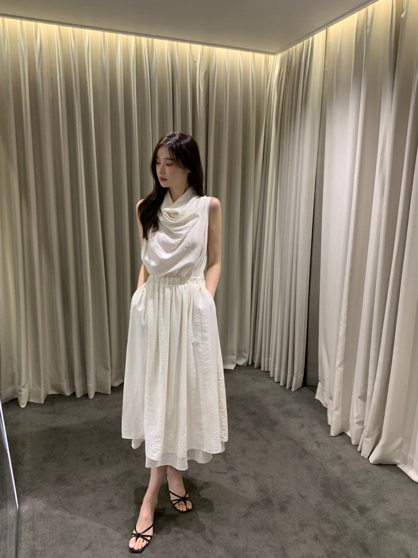 Sleeveless Smocked Waist Dress with Draped Neckline