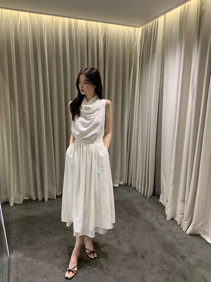 Sleeveless Smocked Waist Dress with Draped Neckline