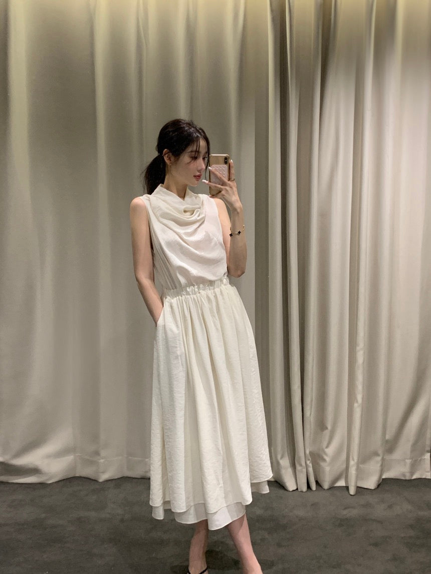 Sleeveless Smocked Waist Dress with Draped Neckline