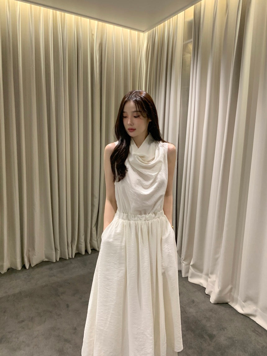 Sleeveless Smocked Waist Dress with Draped Neckline