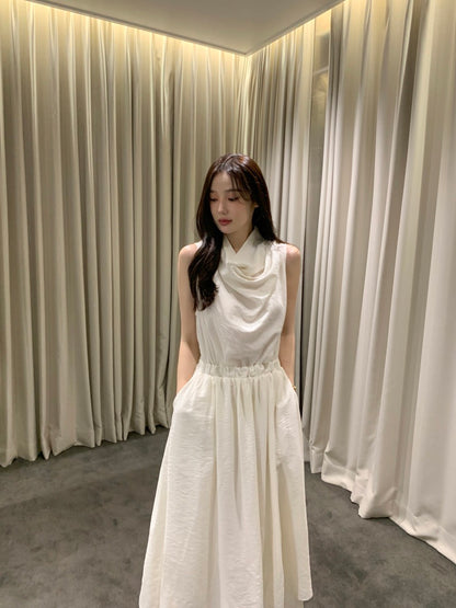 Sleeveless Smocked Waist Dress with Draped Neckline