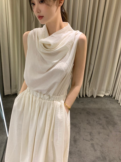 Sleeveless Smocked Waist Dress with Draped Neckline