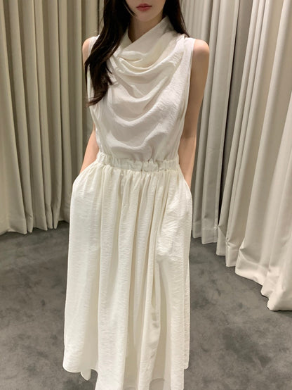 Sleeveless Smocked Waist Dress with Draped Neckline