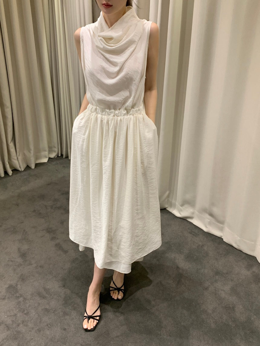 Sleeveless Smocked Waist Dress with Draped Neckline