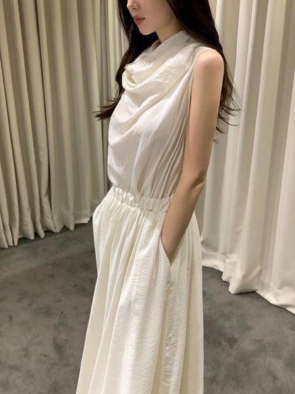 Sleeveless Smocked Waist Dress with Draped Neckline