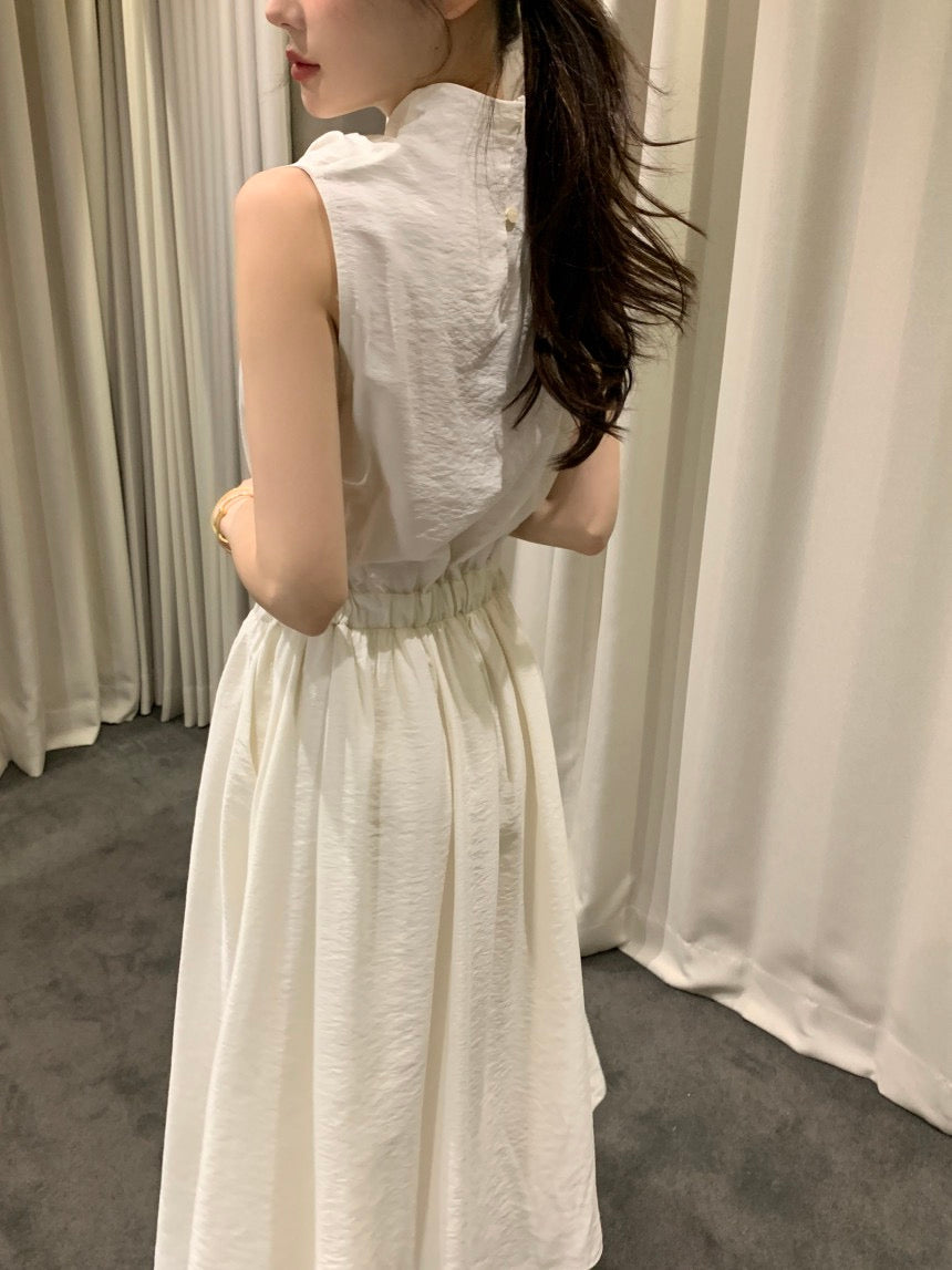 Sleeveless Smocked Waist Dress with Draped Neckline