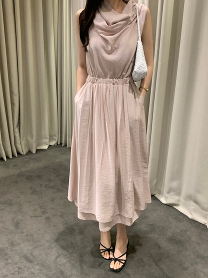 Sleeveless Smocked Waist Dress with Draped Neckline