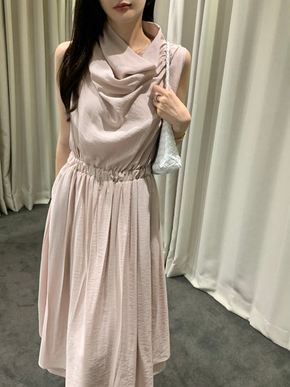 Sleeveless Smocked Waist Dress with Draped Neckline