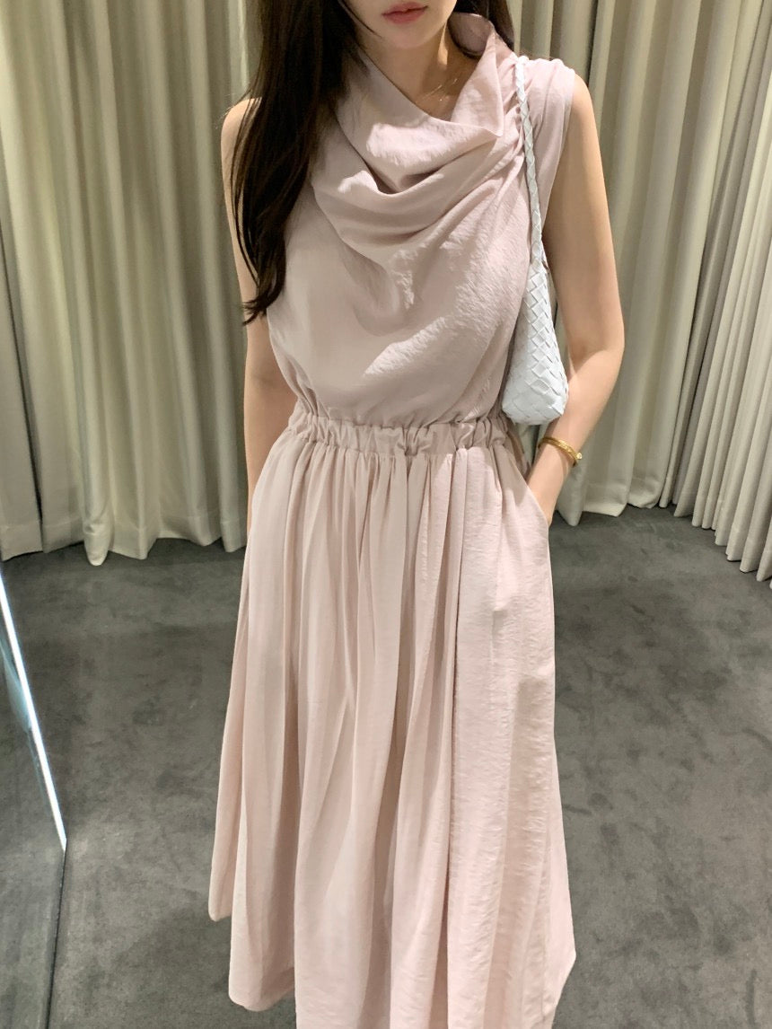 Sleeveless Smocked Waist Dress with Draped Neckline