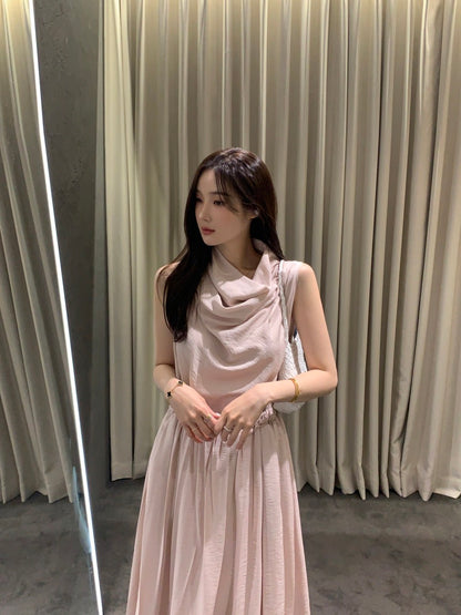 Sleeveless Smocked Waist Dress with Draped Neckline