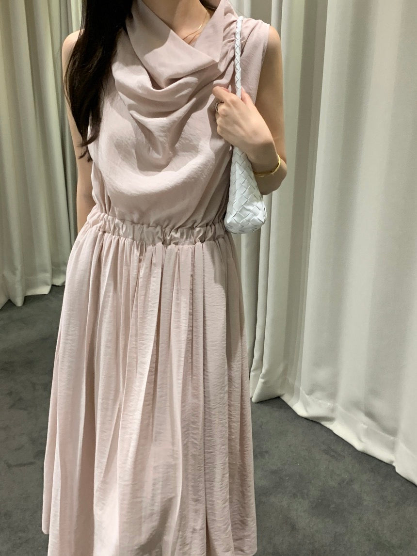 Sleeveless Smocked Waist Dress with Draped Neckline