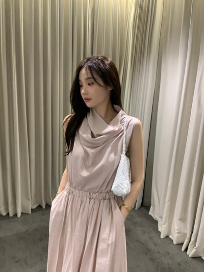 Sleeveless Smocked Waist Dress with Draped Neckline