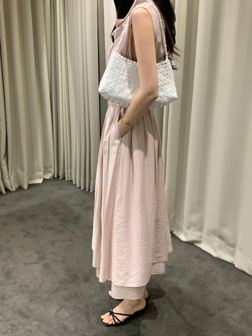 Sleeveless Smocked Waist Dress with Draped Neckline