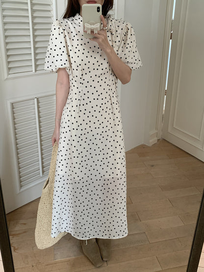 立領蝴蝶結肩帶波點連身裙