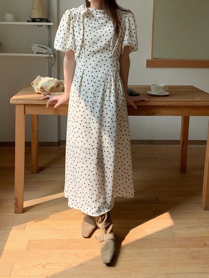 立領蝴蝶結肩帶波點連身裙