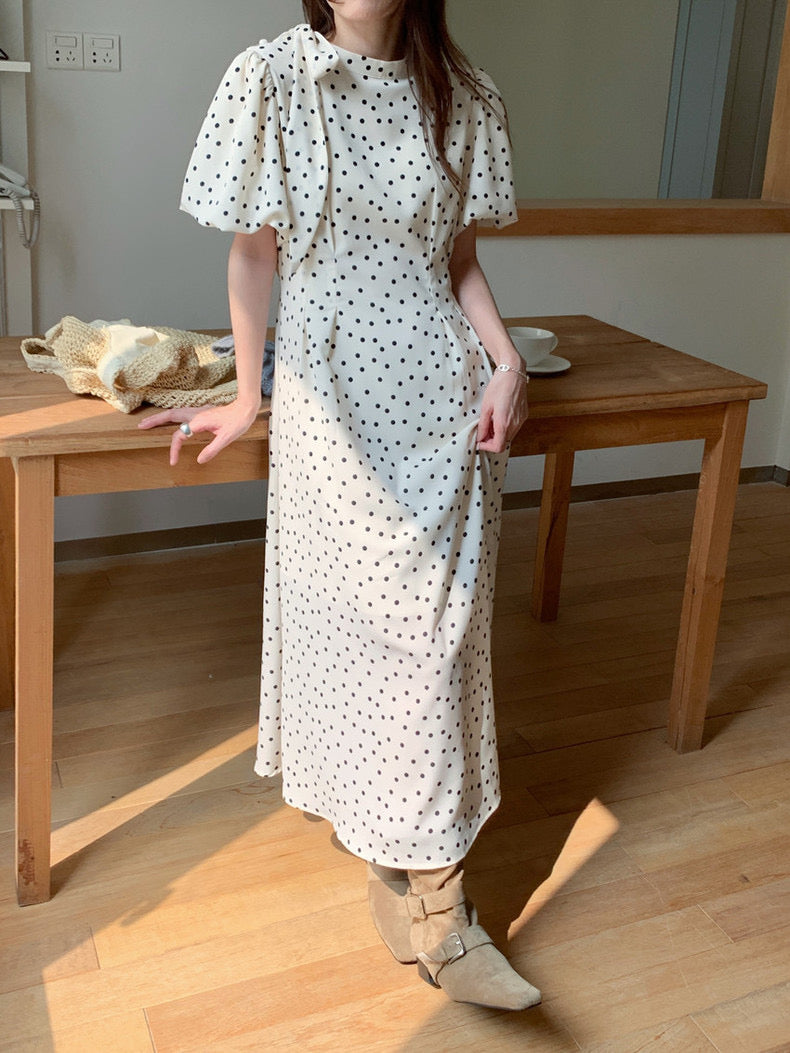 立領蝴蝶結肩帶波點連身裙