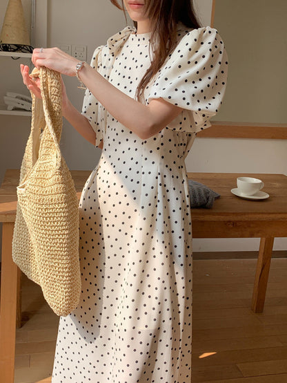 立領蝴蝶結肩帶波點連身裙