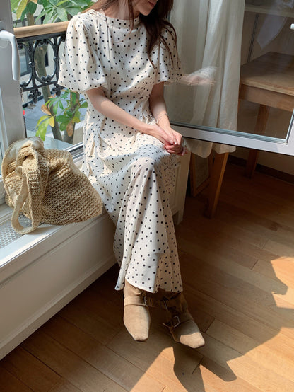 立領蝴蝶結肩帶波點連身裙