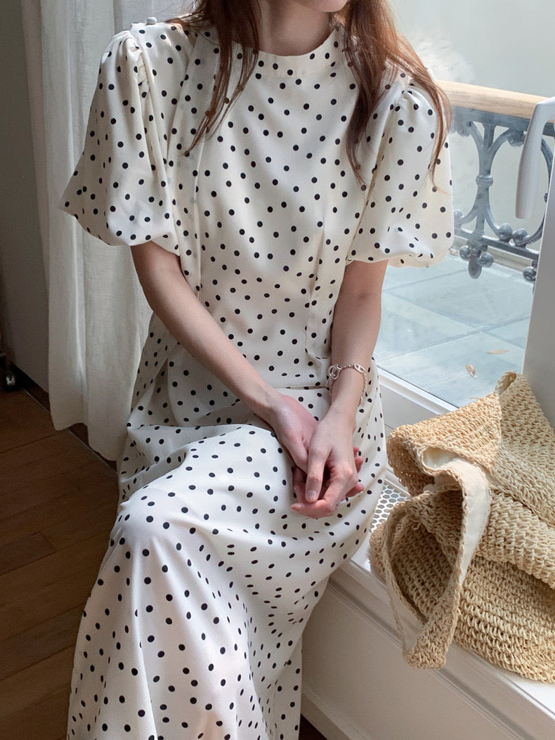 立領蝴蝶結肩帶波點連身裙