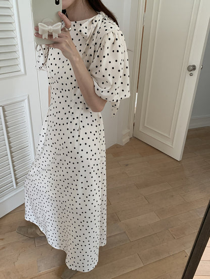 立領蝴蝶結肩帶波點連身裙