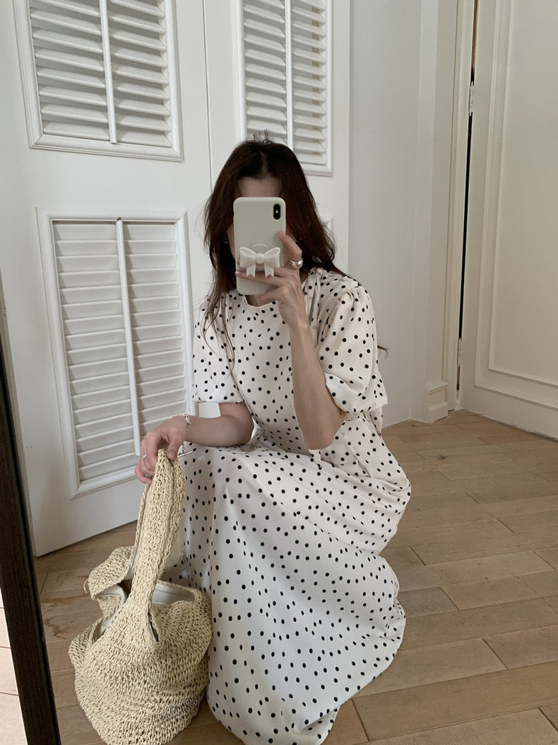 立領蝴蝶結肩帶波點連身裙