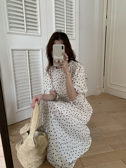 立領蝴蝶結肩帶波點連身裙