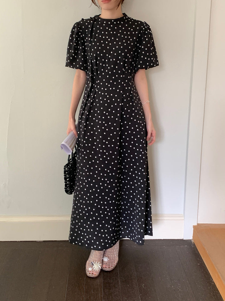 立領蝴蝶結肩帶波點連身裙