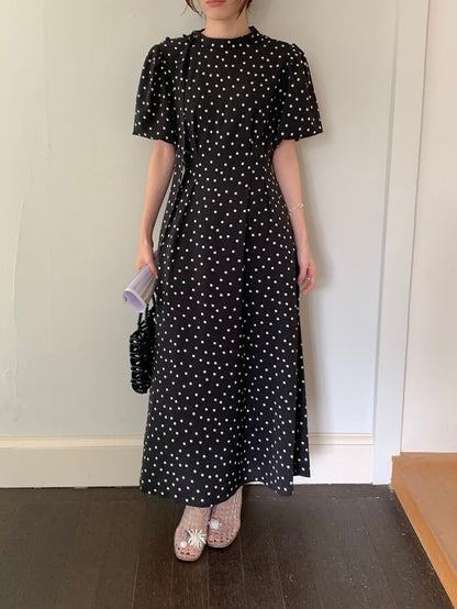 立領蝴蝶結肩帶波點連身裙